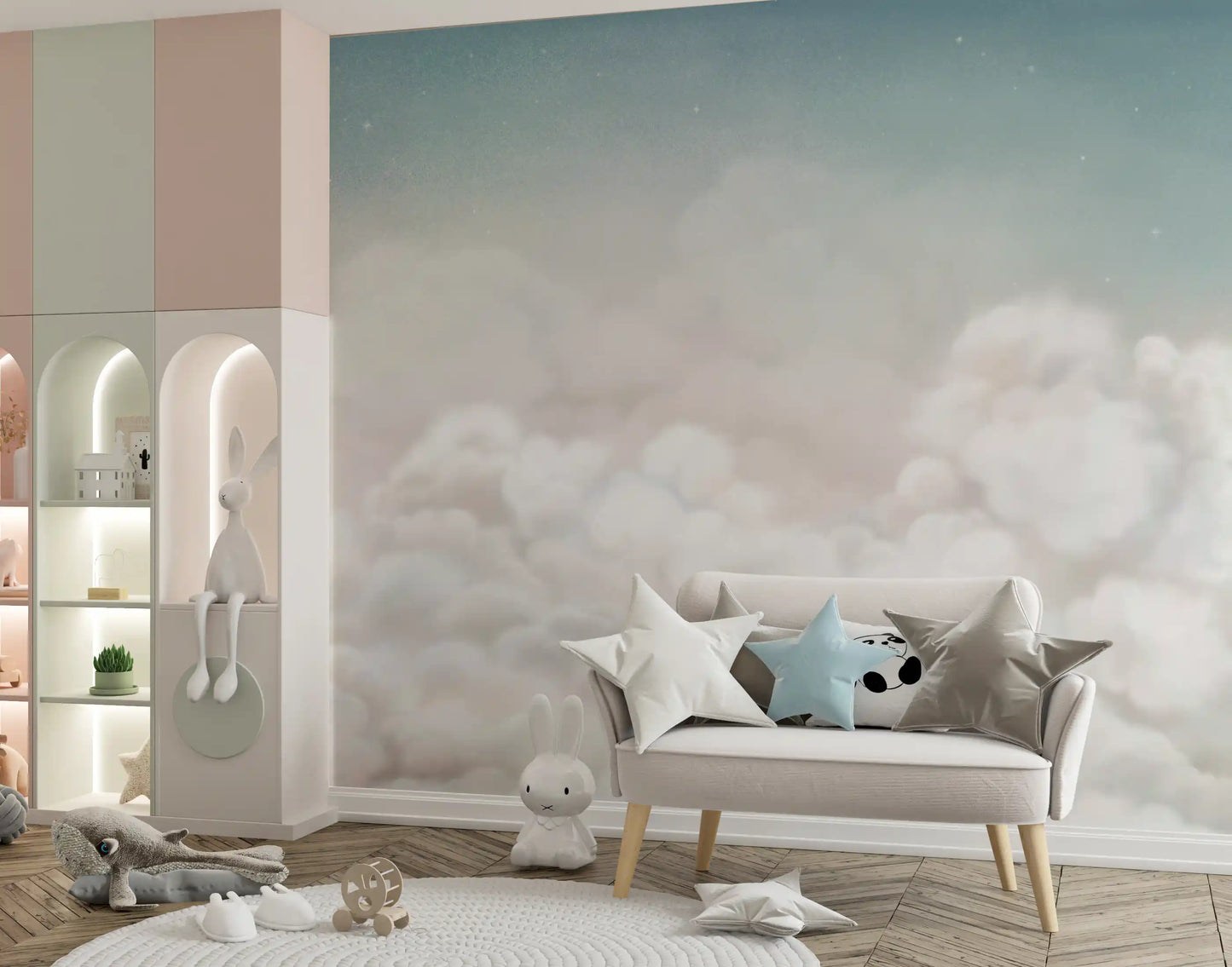 Light cloudscape wall mural in blue tones styled for a play room.