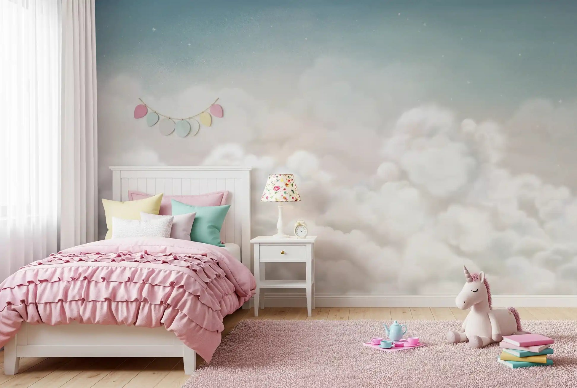 Subtle cloudscape wall mural with smooth gradient and light blue hues