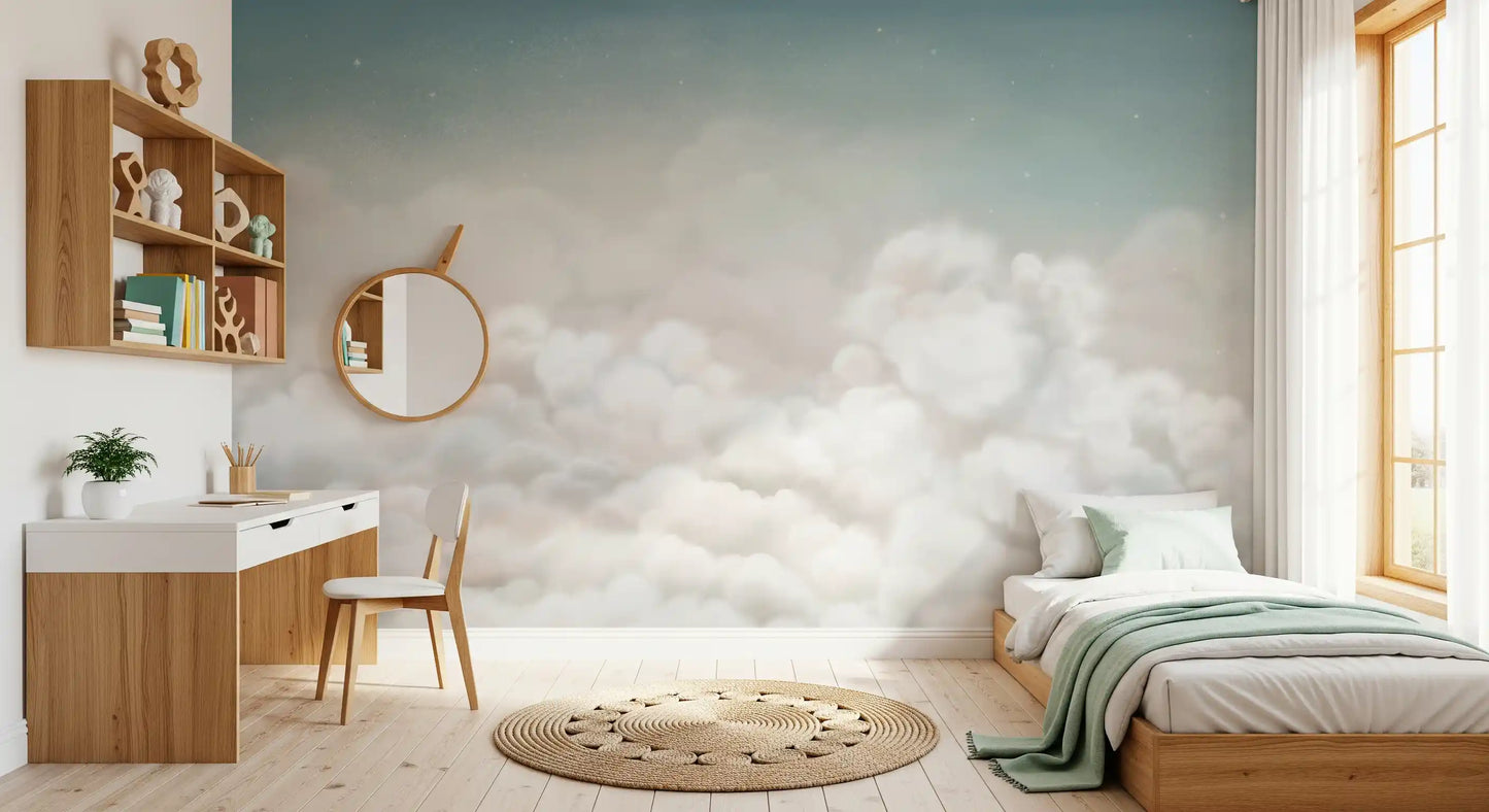 Minimal blue sky wall mural with soft clouds across a hallway wall