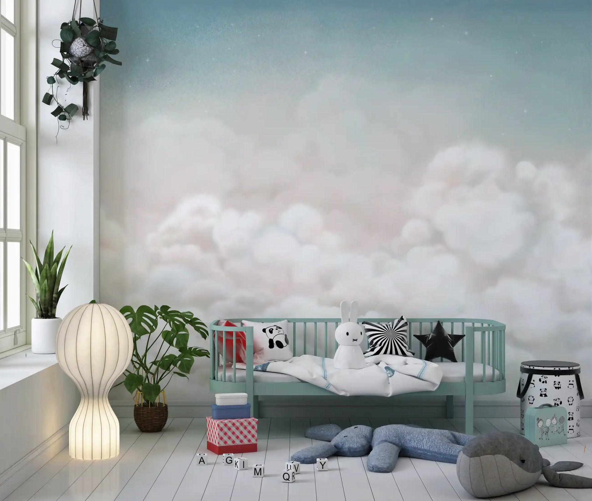 Abstract cloud wall mural with calm blue tones and soft layered effect