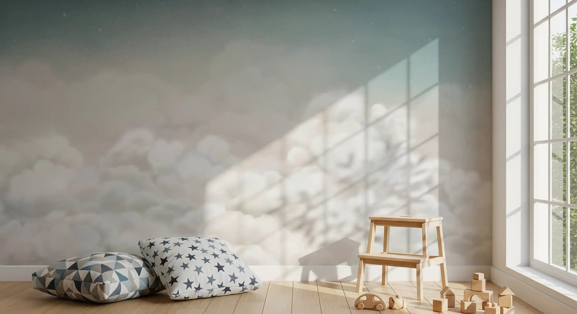 Minimal blue sky wall mural with soft clouds across a hallway wall