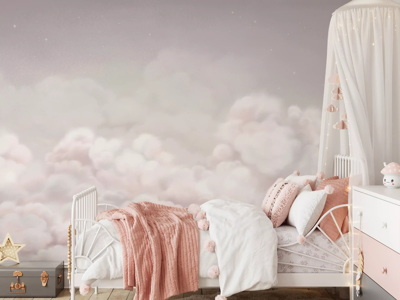 Calming Clouds Pink wall mural in a girls room with soft blush cloud sky design