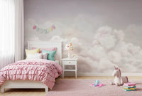 Pink cloud wall mural in a bedroom with light gradient sky background
