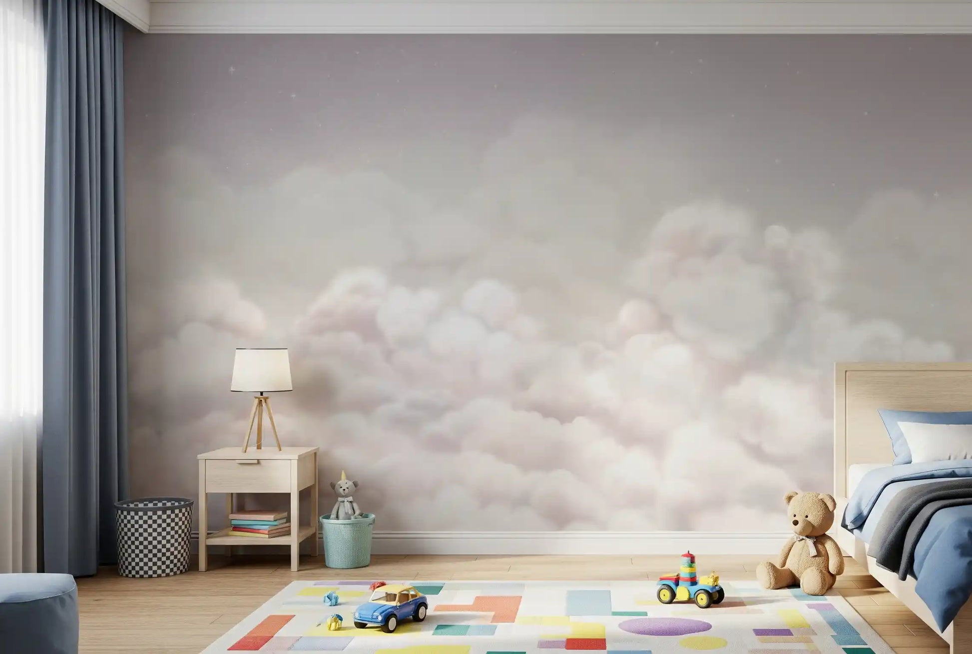 Soft cloud wall mural for a children room with pastel pink and grey tones