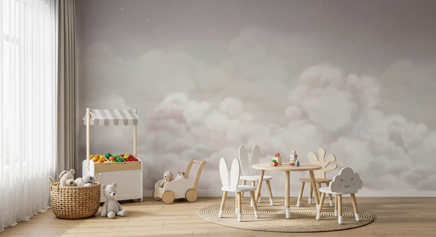 Minimal cloud wall mural with soft pink and white sky effect