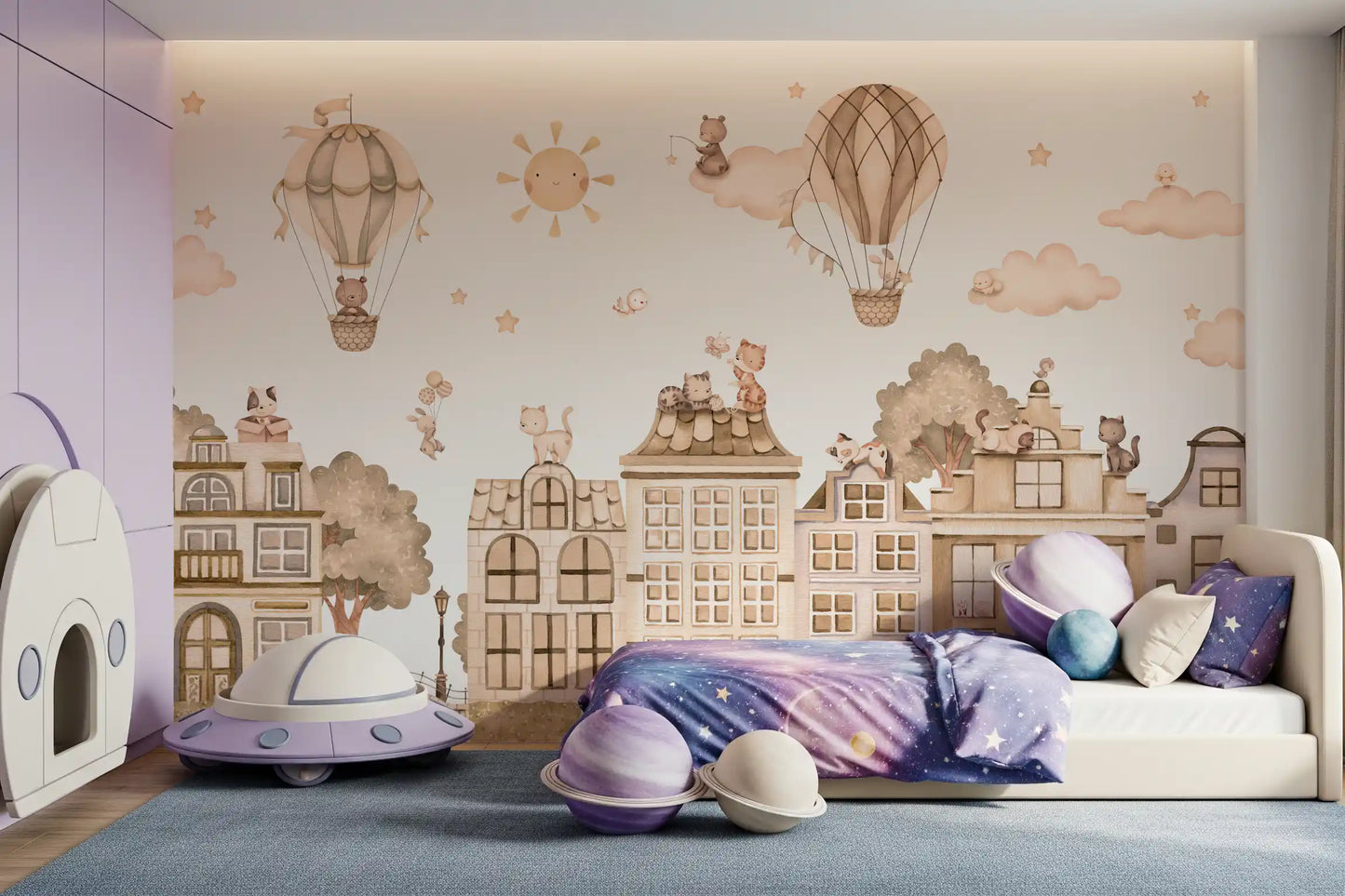 City Cats Mono wall mural with clouds, balloons, and structured buildings