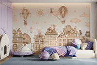 City Cats Mono wall mural with clouds, balloons, and structured buildings