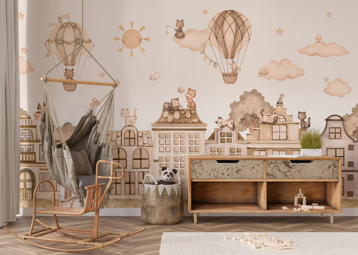 Beige city wall mural with cats, rooftops, and soft sky illustration