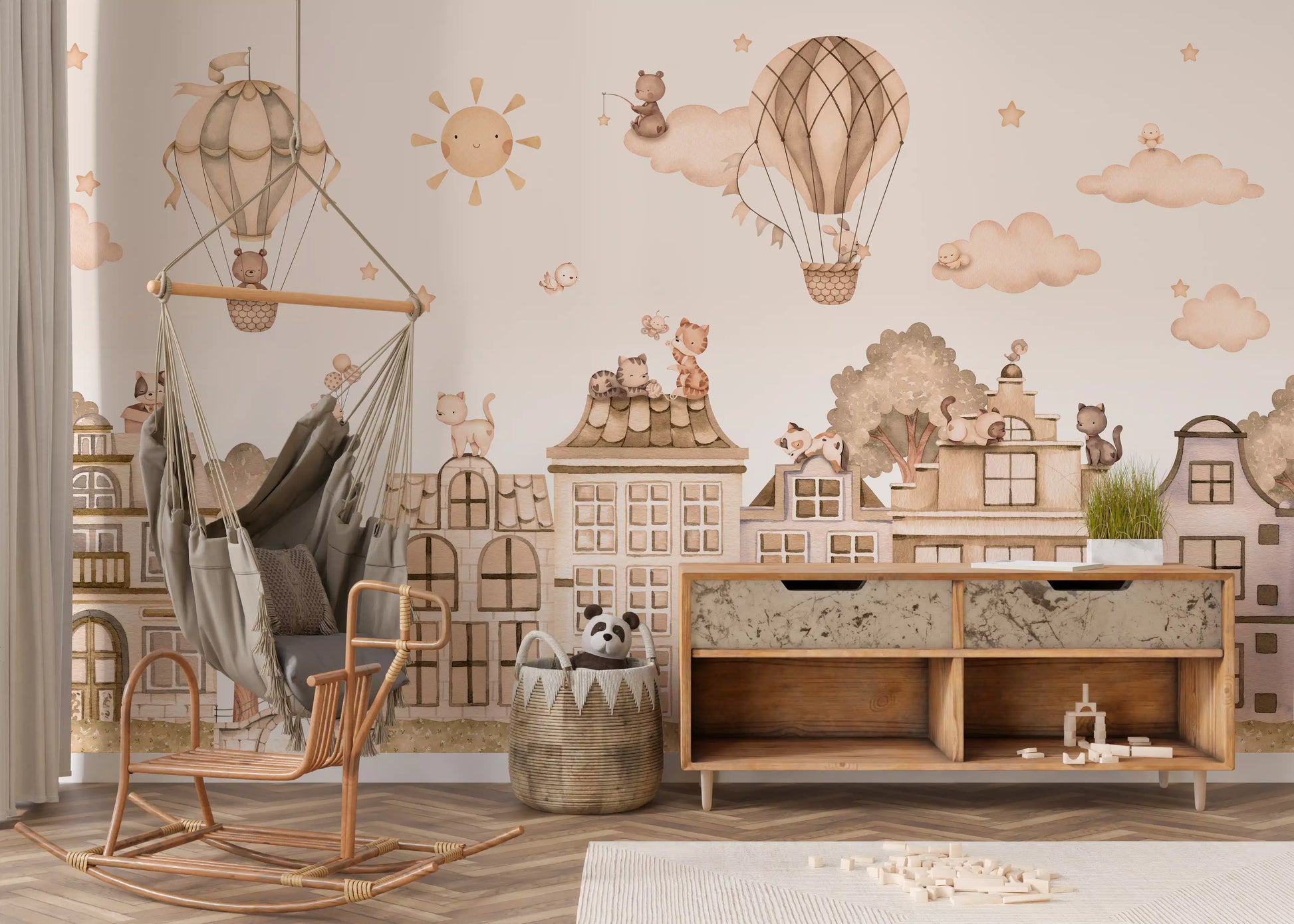 Beige city wall mural with cats, rooftops, and soft sky illustration