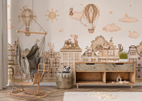 Beige city wall mural with cats, rooftops, and soft sky illustration