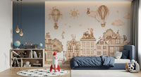 Mono city cat wall mural in a bedroom with beige rooftops and soft sky details