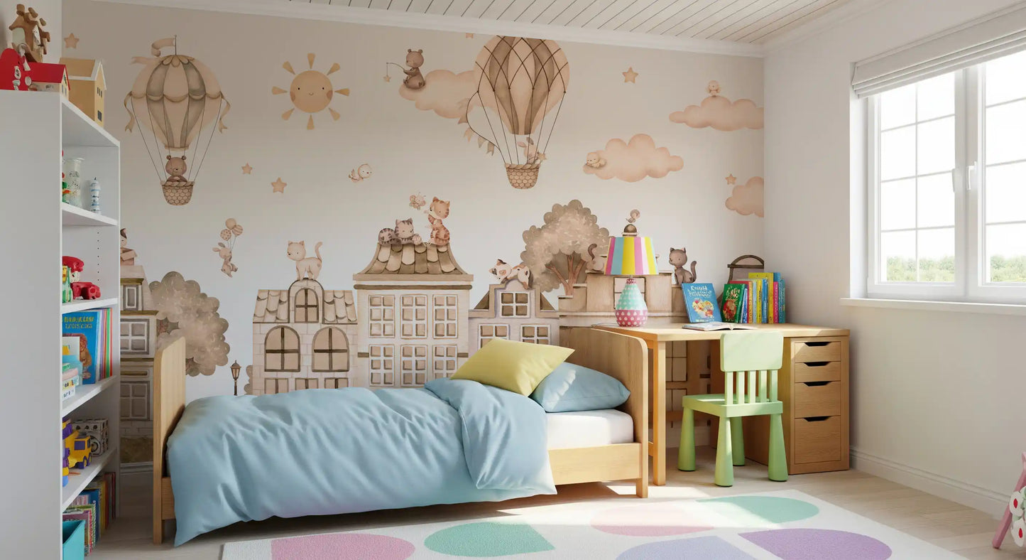 Kids city wall mural with beige houses and rooftop cat illustrations