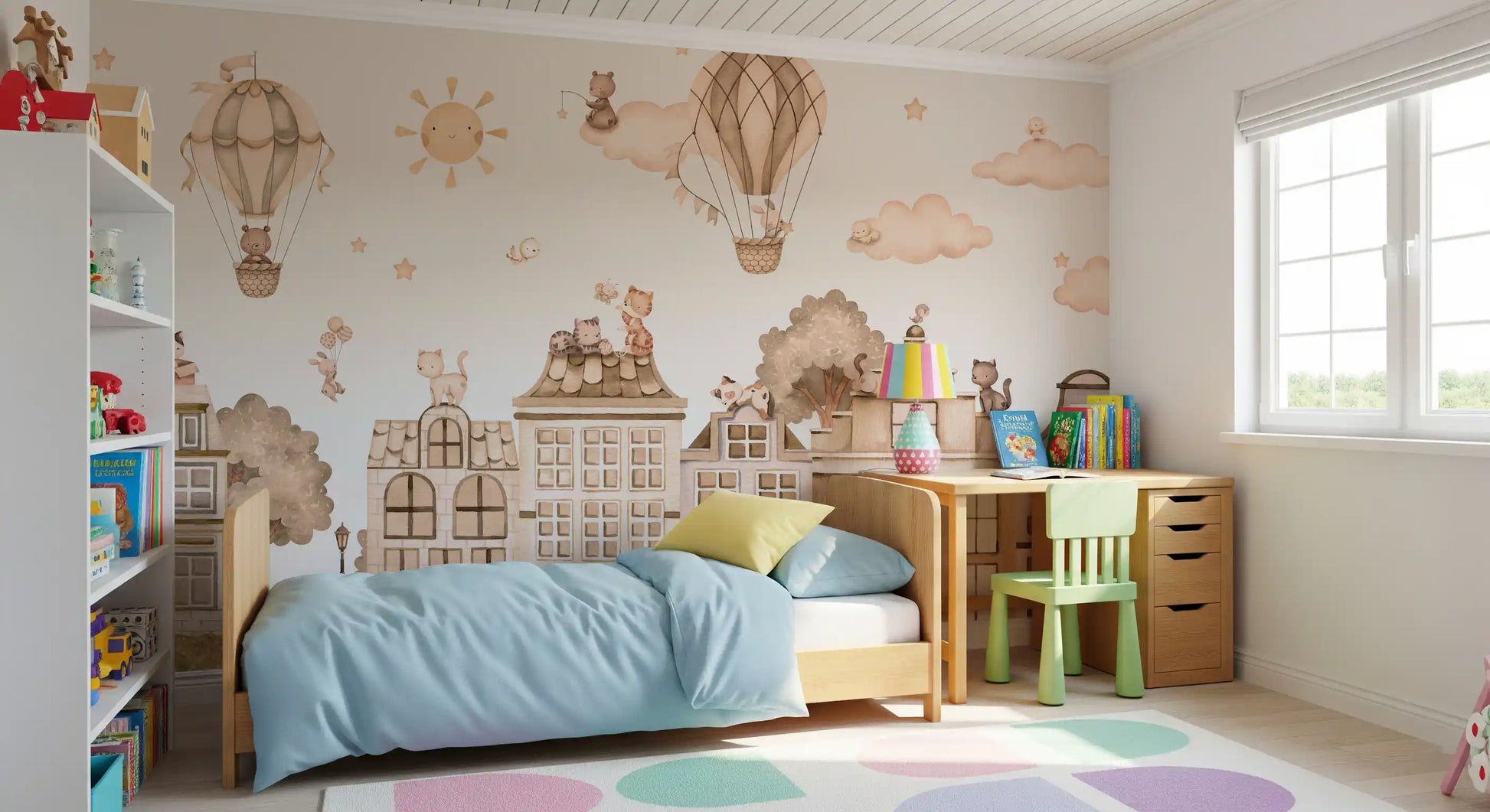 Kids city wall mural with beige houses and rooftop cat illustrations