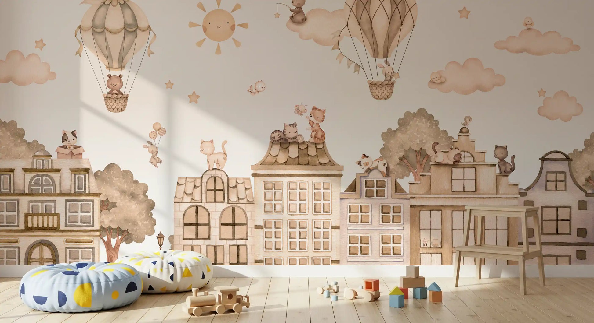 Neutral city wall mural for a hallway with cats and architectural skyline