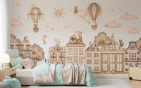 City Cats Mono wall mural in a kids bedroom with cats and minimal buildings