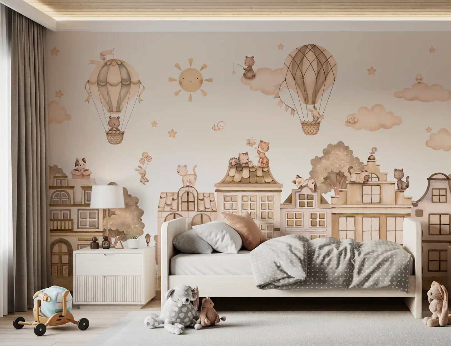 Cat-themed mono wall mural with rooftops, balloons, and soft tones