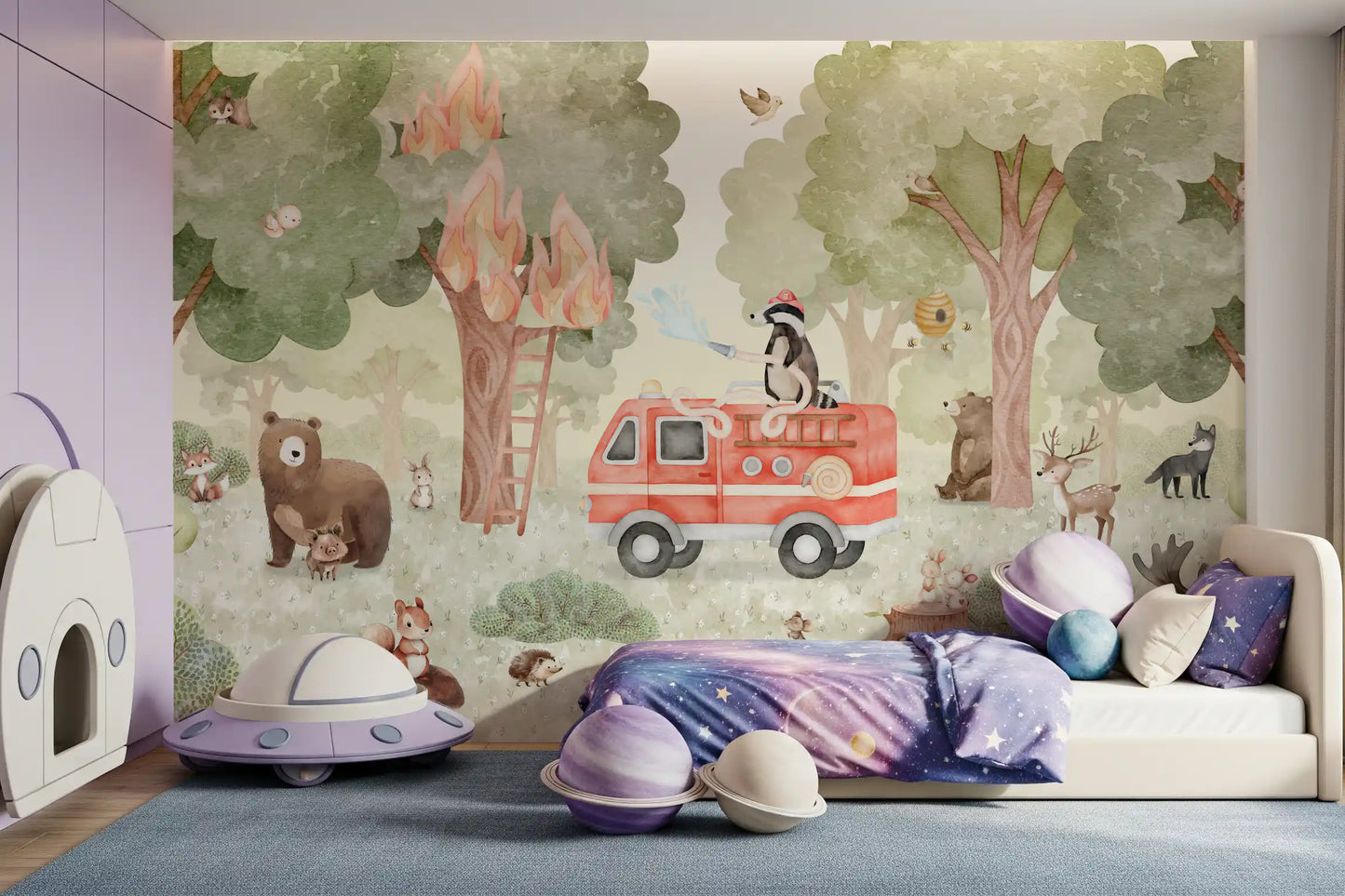 Nature wall mural with animals, trees, and  Fighter rescue story details