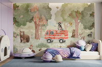 Nature wall mural with animals, trees, and  Fighter rescue story details