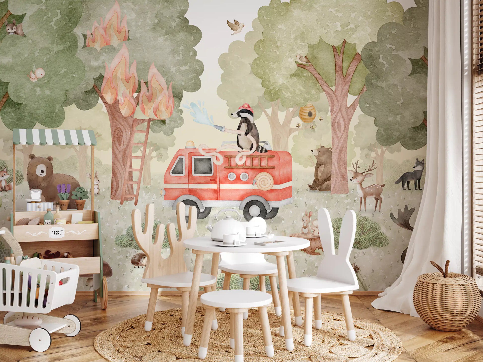 Woodland firefighter wall mural for a play room with animals and burning tree
