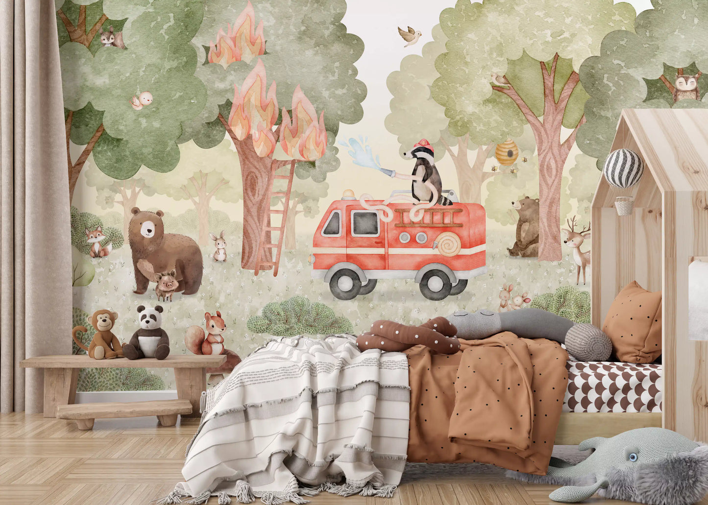 Forest Fire Fighter wall mural in a kids room with fire truck and animals