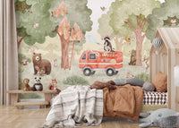 Forest Fire Fighter wall mural in a kids room with fire truck and animals