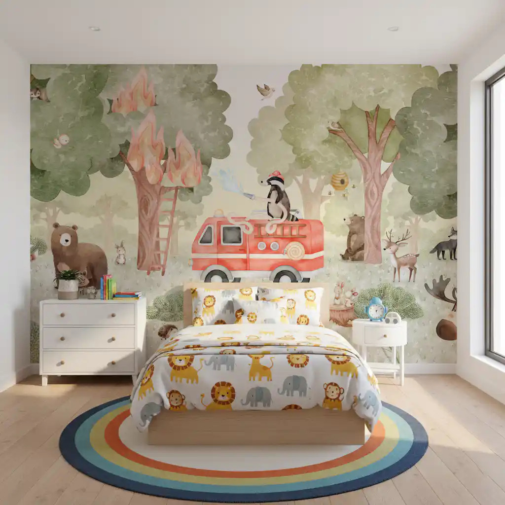 Forest Fire Fighter wall mural in a bedroom with fire truck and woodland animals