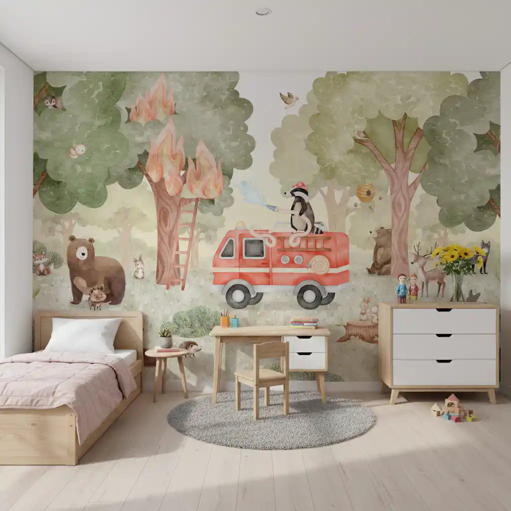 Forest scene wall mural with fire truck and animal characters in soft tones