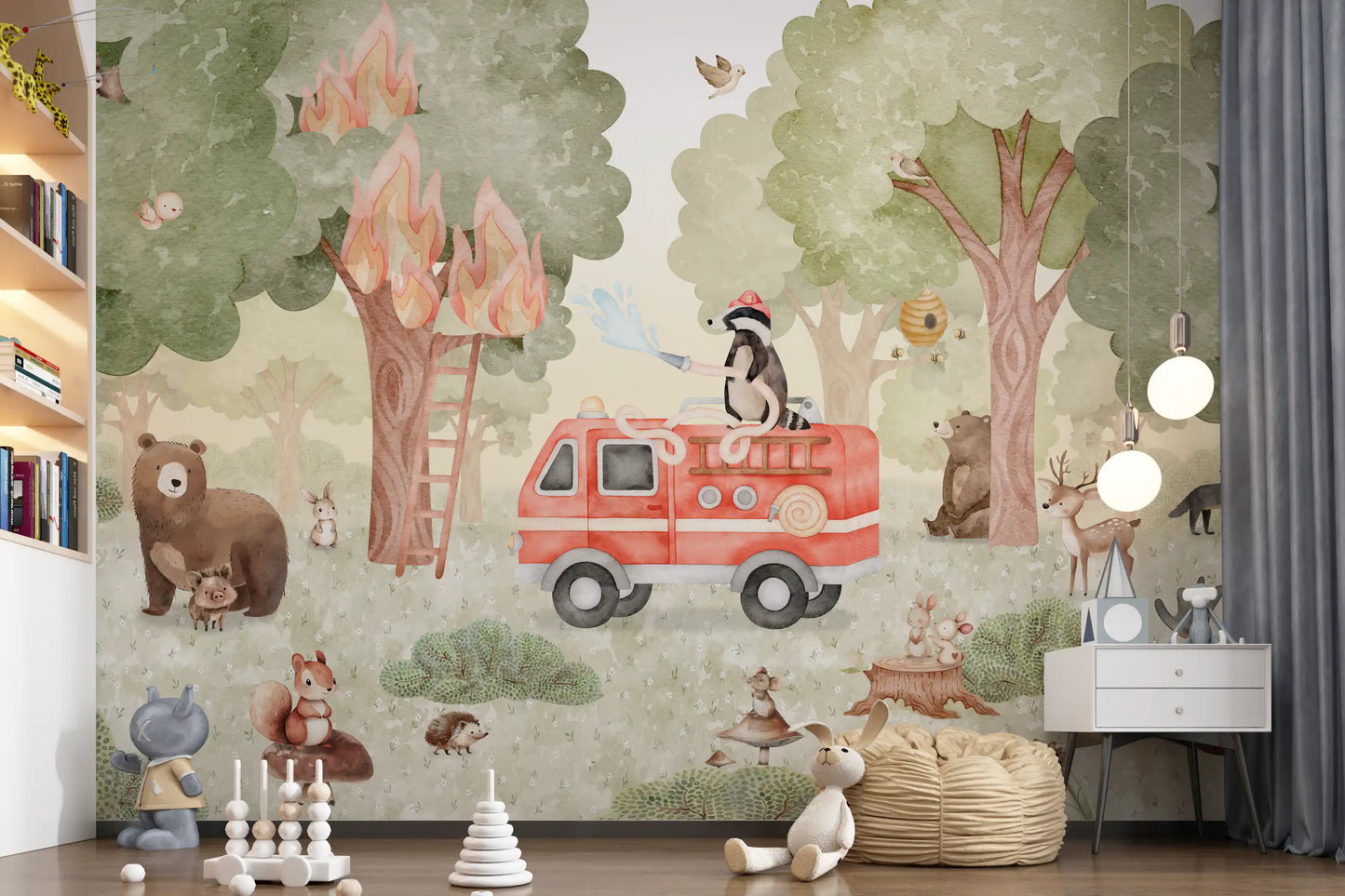 Forest Story-based wall mural with woodland animals and fire truck illustration