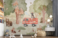 Forest Story-based wall mural with woodland animals and fire truck illustration