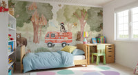 Fire rescue forest wall mural in a bedroom with animals and tree scene