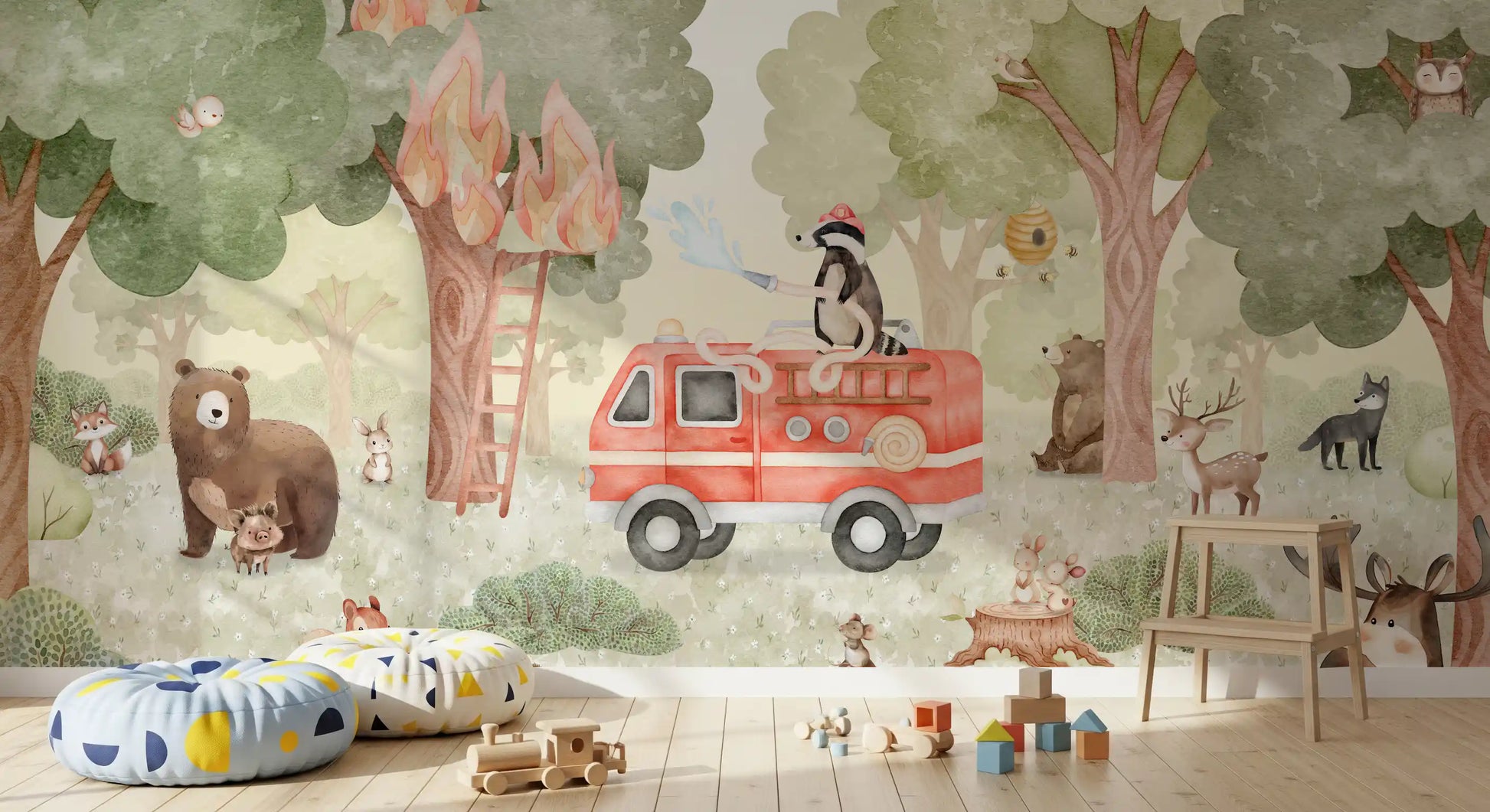 Playful forest wall mural with animals and rescue activity in nature setting