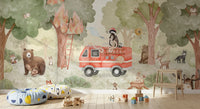 Playful forest wall mural with animals and rescue activity in nature setting