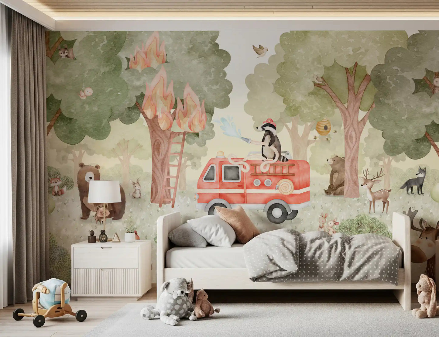 Animal forest wall mural with fire truck, bear, deer, and rescue scene