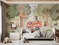 Animal forest wall mural with fire truck, bear, deer, and rescue scene