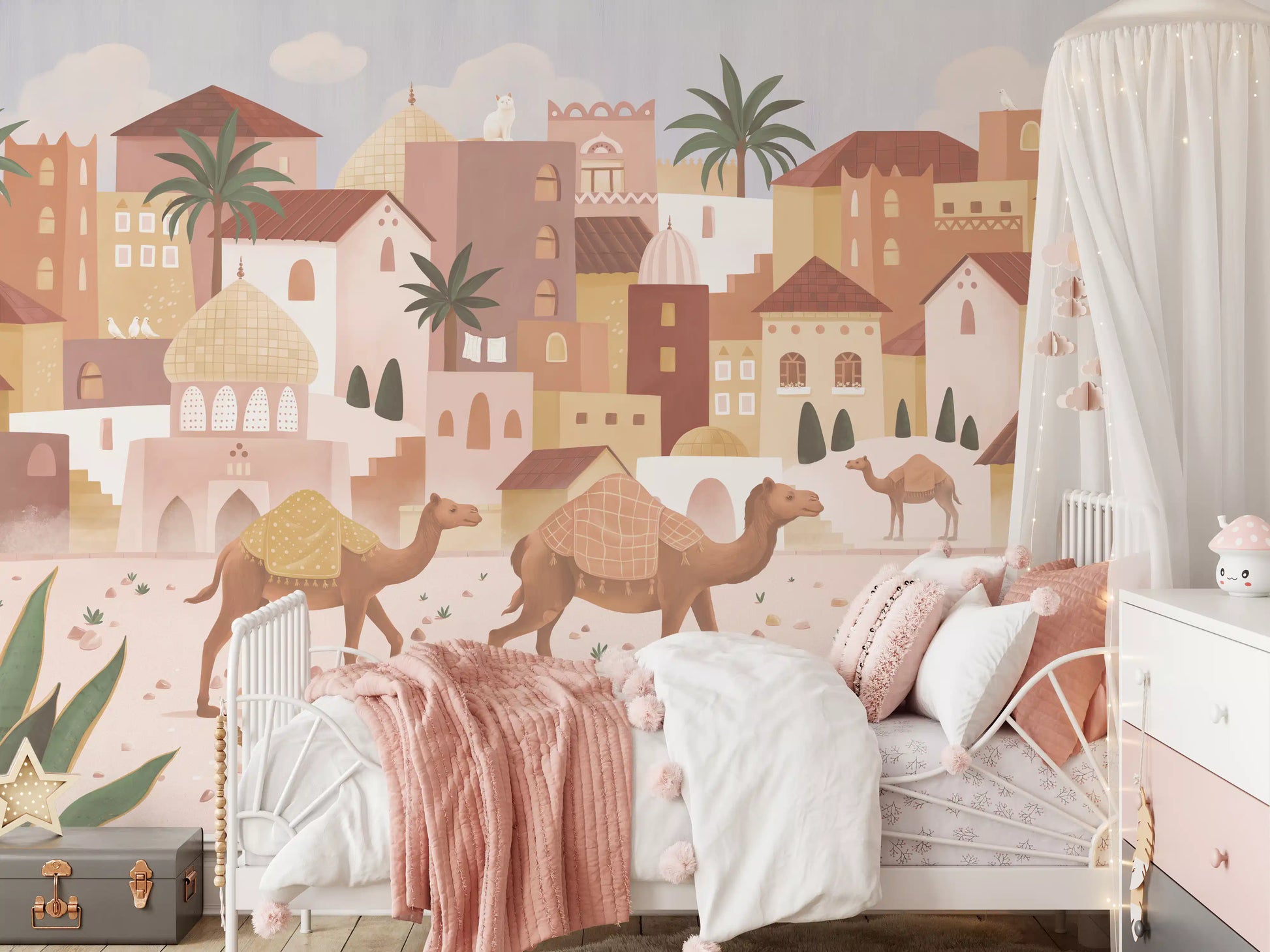 Travel-inspired wall mural with desert cityscape and palm tree elements