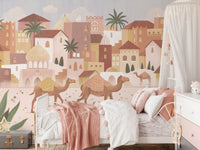 Travel-inspired wall mural with desert cityscape and palm tree elements