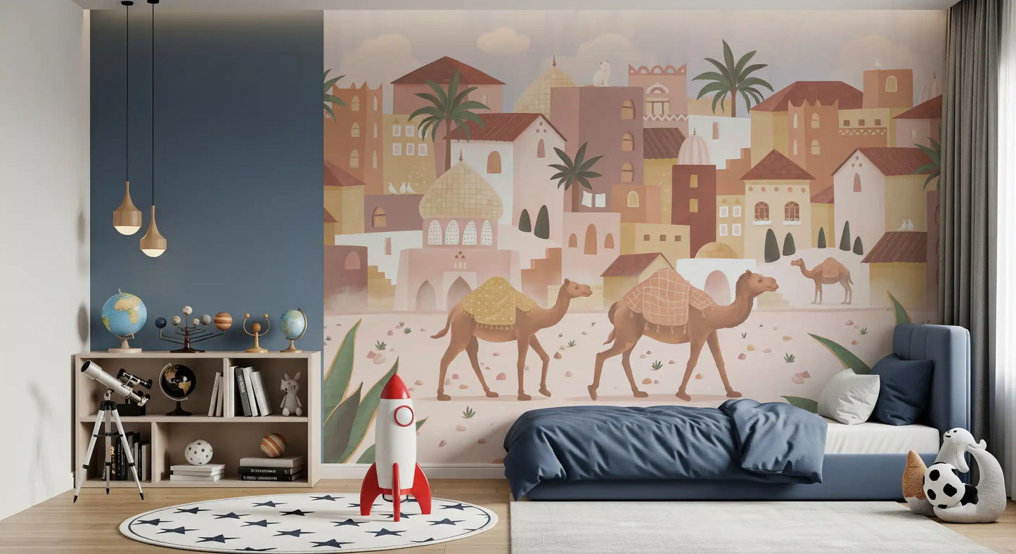 Camel wall mural with desert town, domes, and warm neutral tones