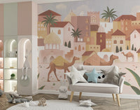 Desert Dreams wall mural in a play room with camels and pastel landscape