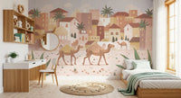Desert city wall mural for a bedroom with domes, buildings, and sandy tones