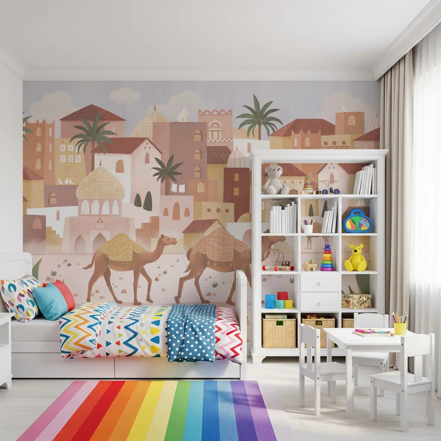 Architectural desert wall mural with pastel houses and minimal landscape