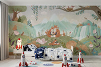 Scenic animal wall mural with orange foxes and gentle botanical details