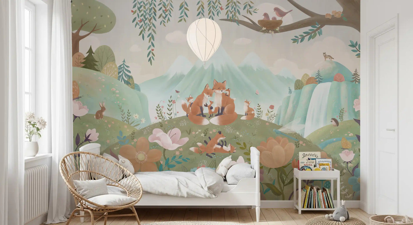 Fox Family wall mural in a study room with waterfall, birds, and fox illustrations