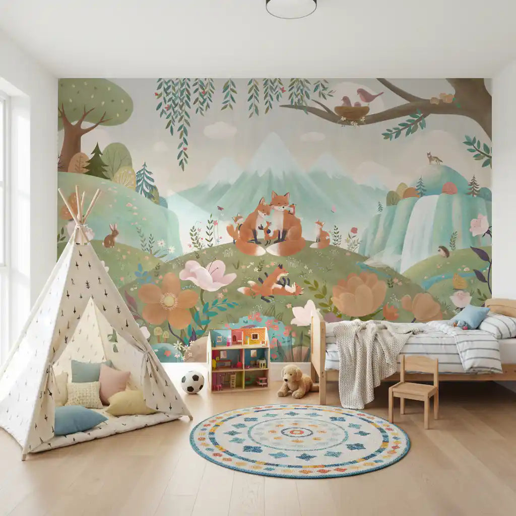 Woodland wall mural with fox family, flowers, mountains, and pastel landscape details