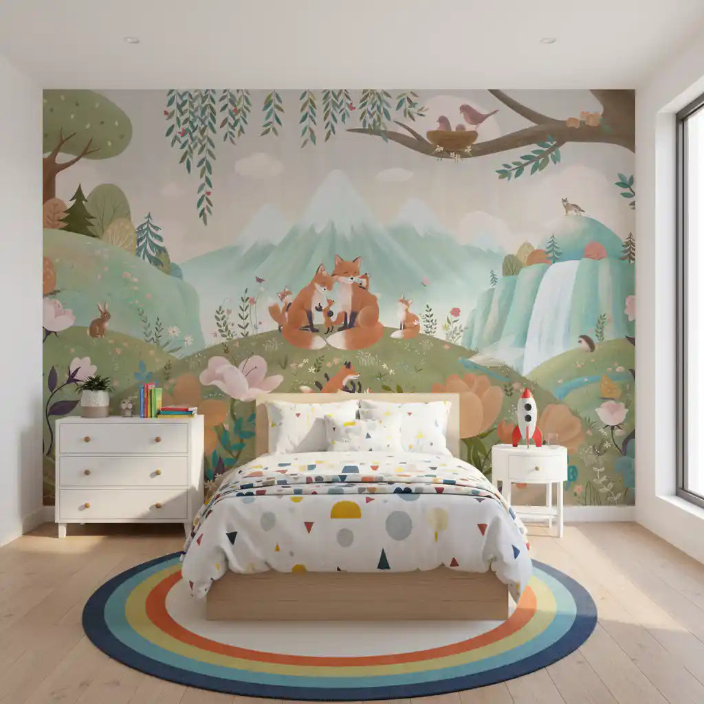 Storybook fox wall mural with floral meadow, waterfall, and soft forest scenery