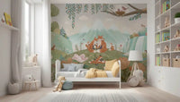 Fox-themed wall mural with soft flowers, waterfall, and whimsical woodland setting