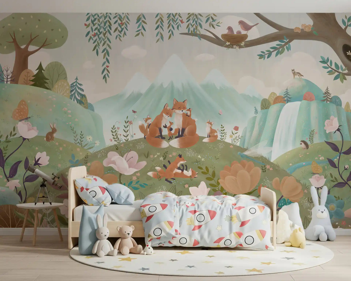 Nature fox wall mural for a kids room with mountain backdrop and floral meadow art