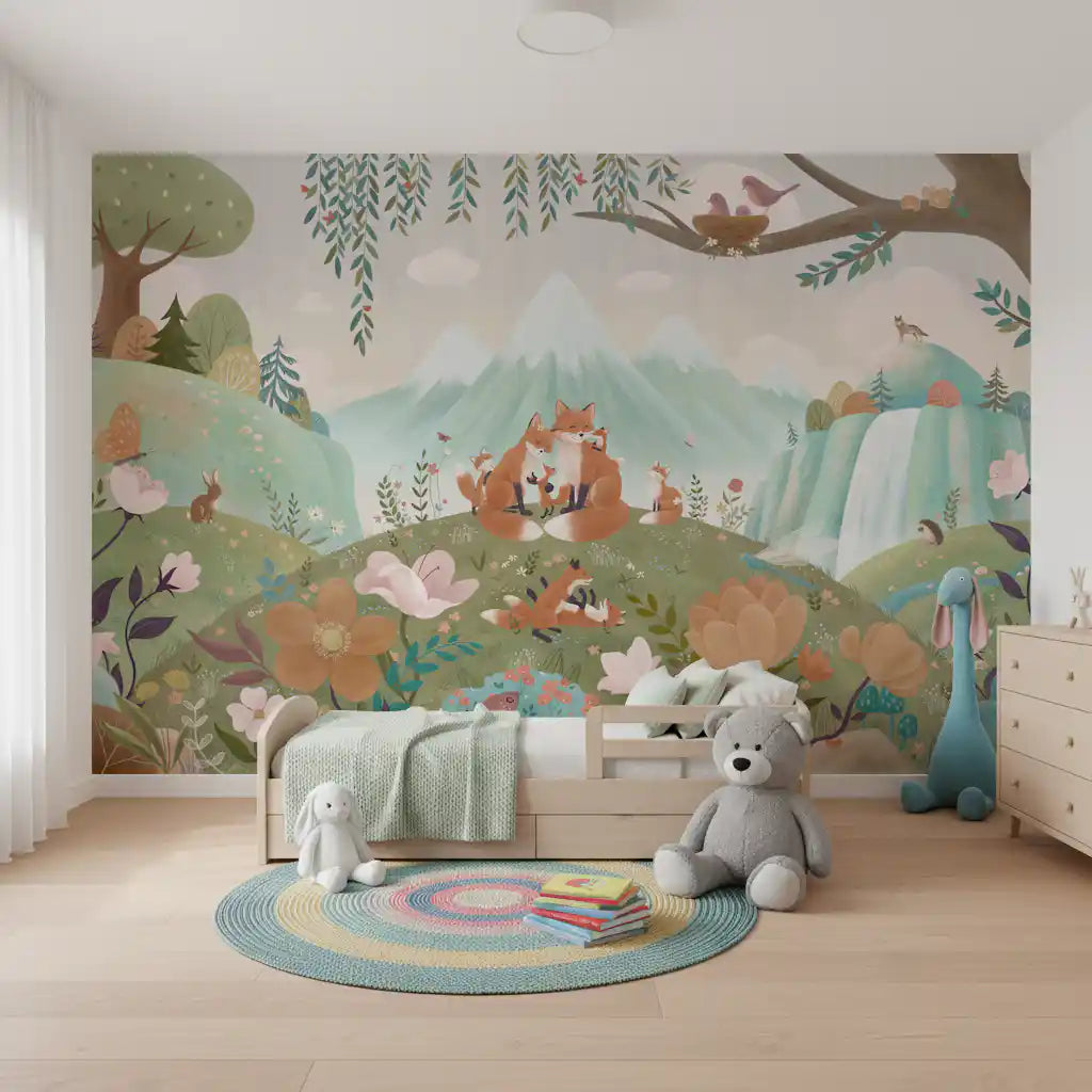 Animal wall mural featuring foxes, birds nest, rabbits, and blooming wildflowers