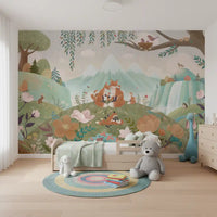 Animal wall mural featuring foxes, birds nest, rabbits, and blooming wildflowers