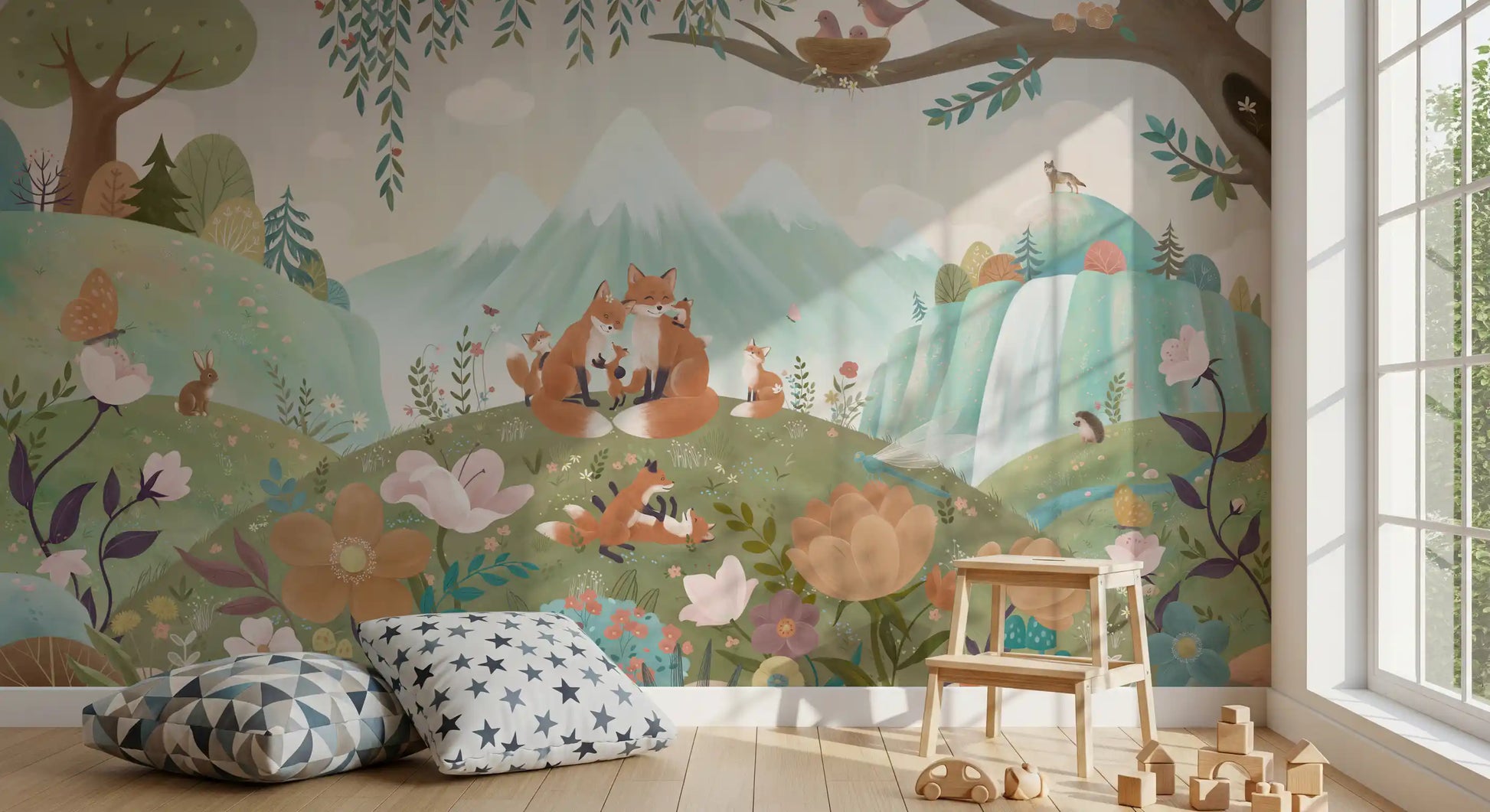 Pastel nature wall mural with fox family and mountain landscape illustration