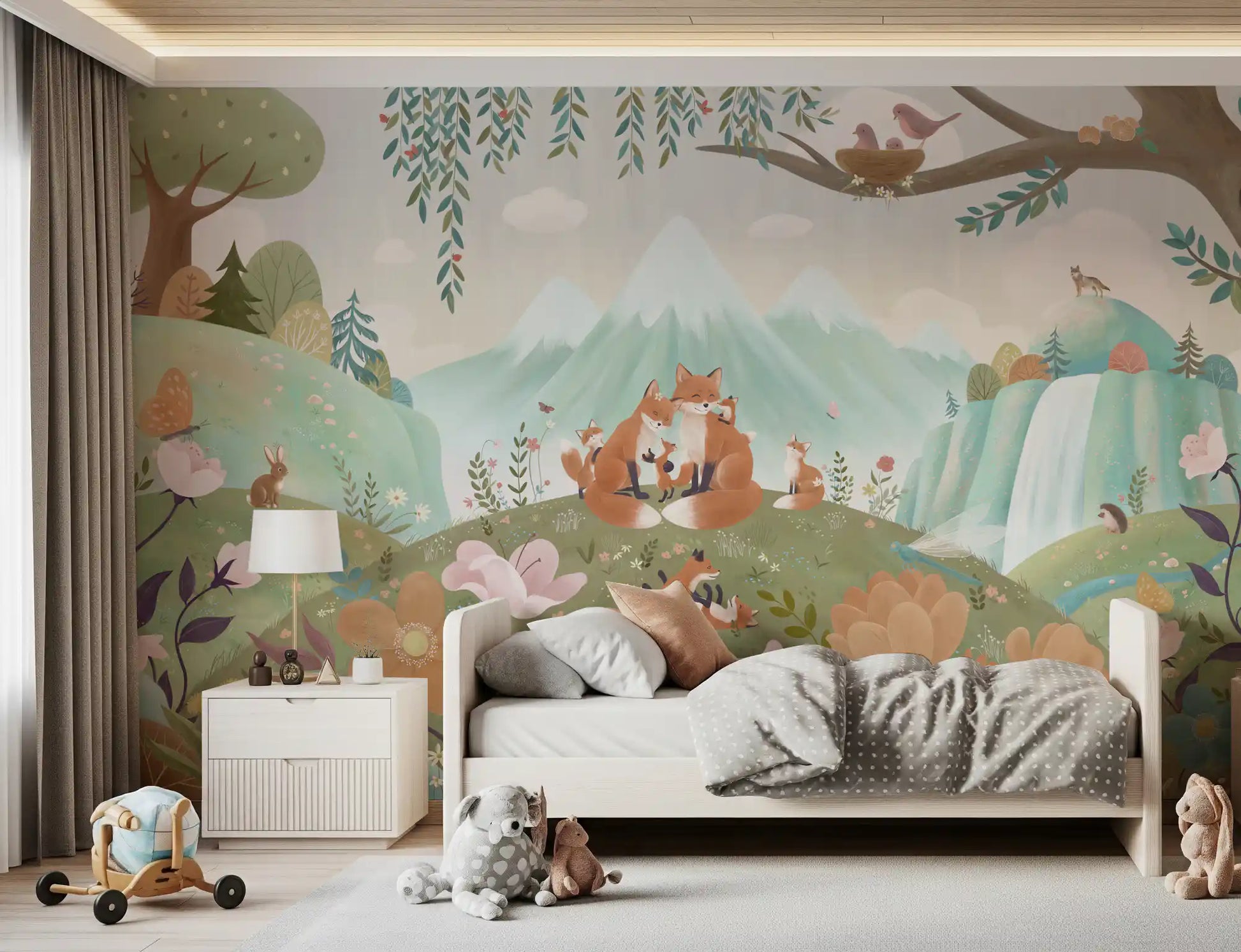Fox wall mural in a bedroom with woodland family, pastel blooms, and soft hills